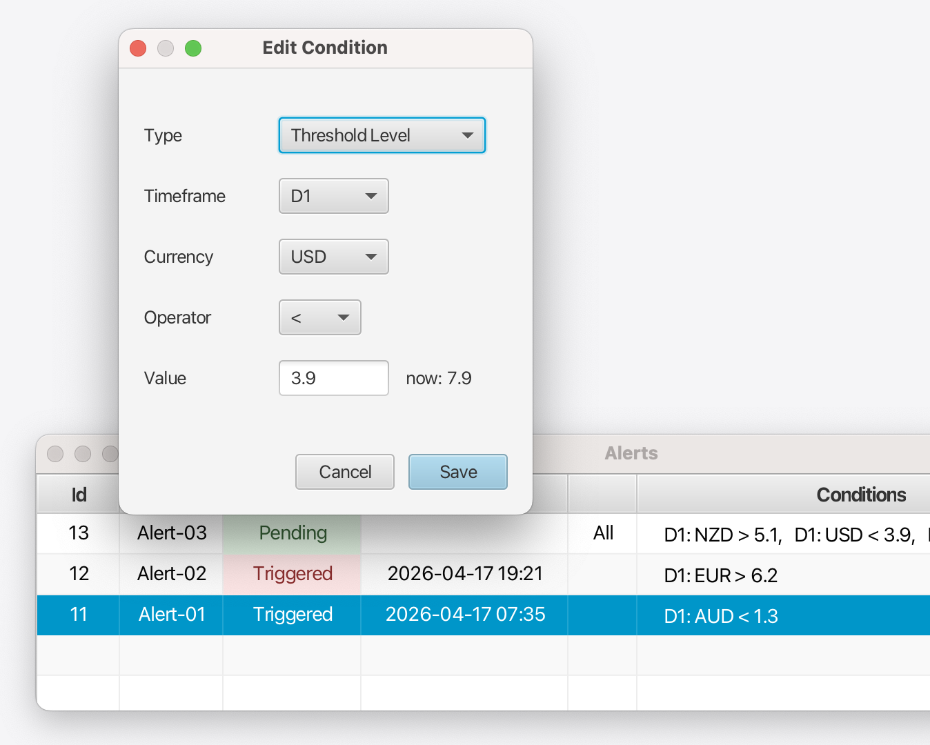 Currency strength meter alerts.